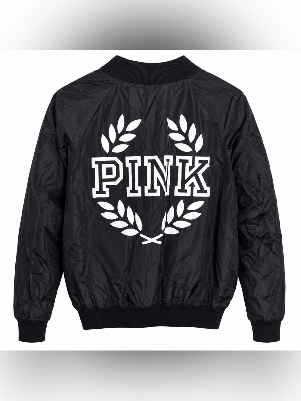 PINK Victoria’s Secret Black Bomber Jacket Large Y2K Spell Out Logo - Picture 2 of 4